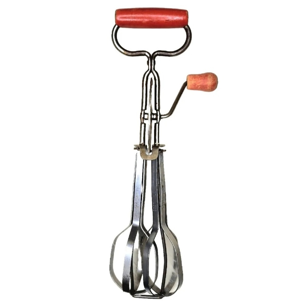 Vintage Edlund Red Wooden Handle Stainless Hand Mixer Egg Beater Made In USA